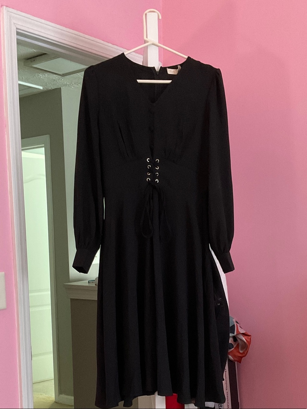 Black Long-Sleeve Lace-Up Waist Midi Dress